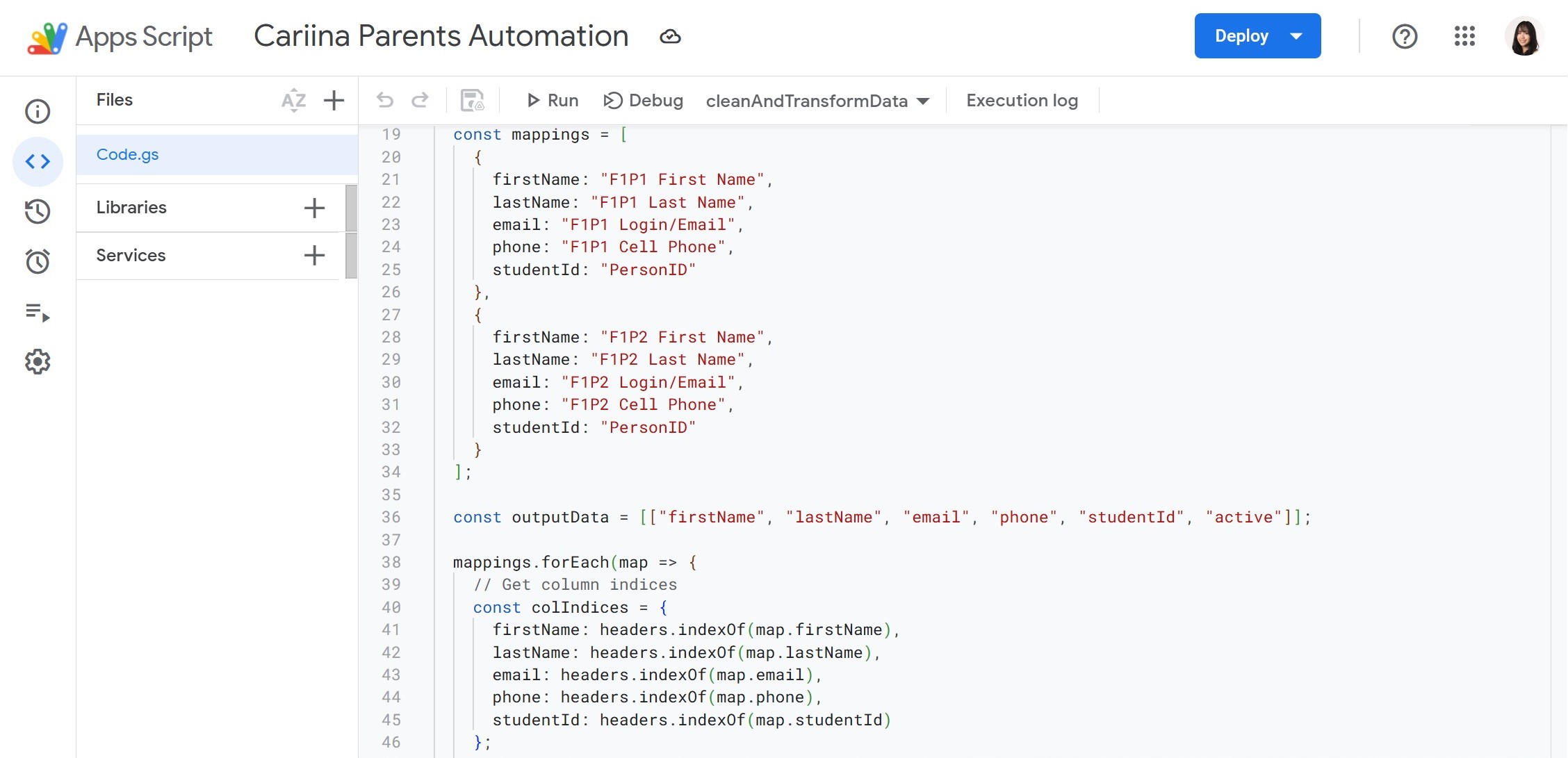 Cariina Google Apps Script automation, the Clean Up Data button