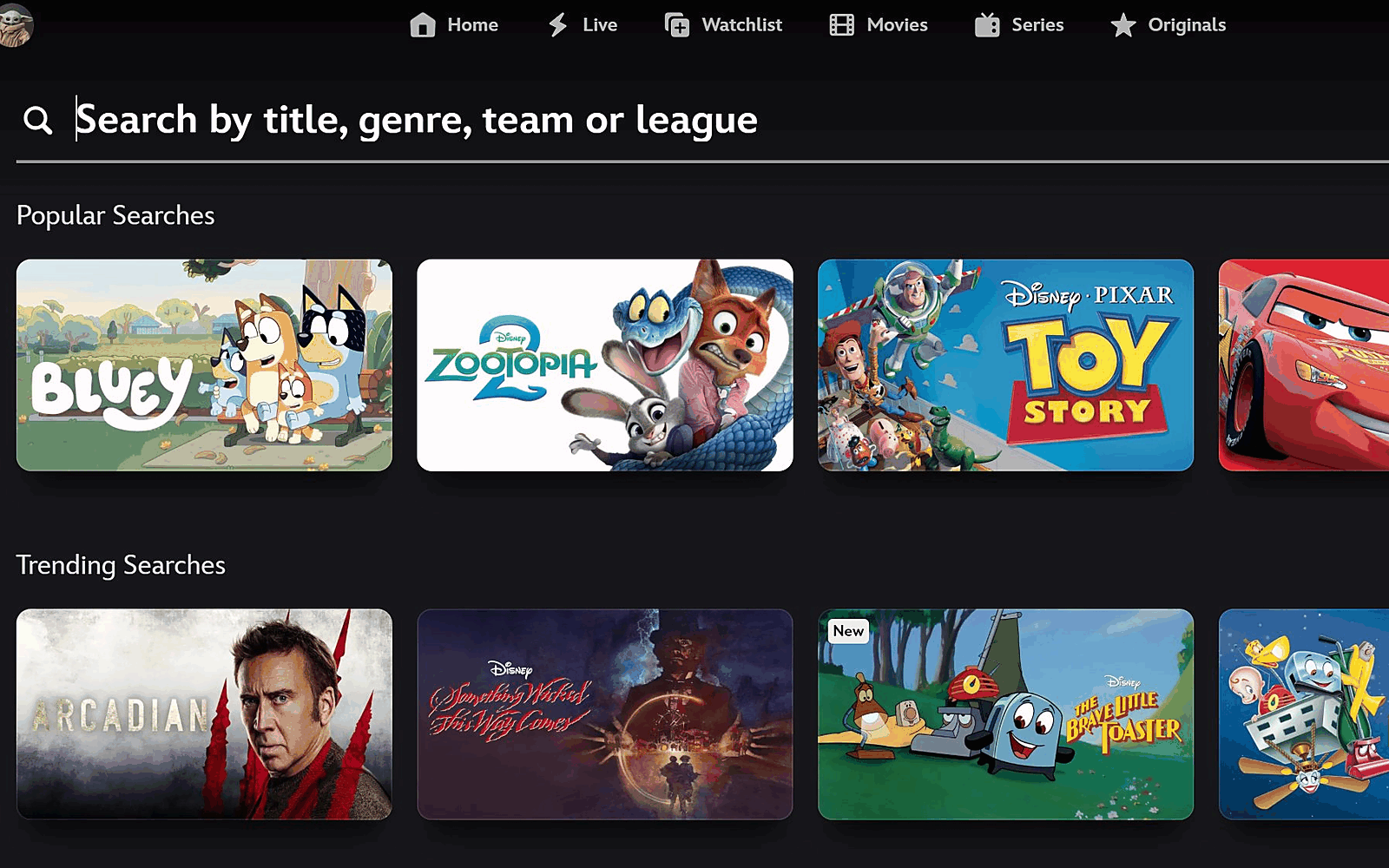 Disney+ Search interface